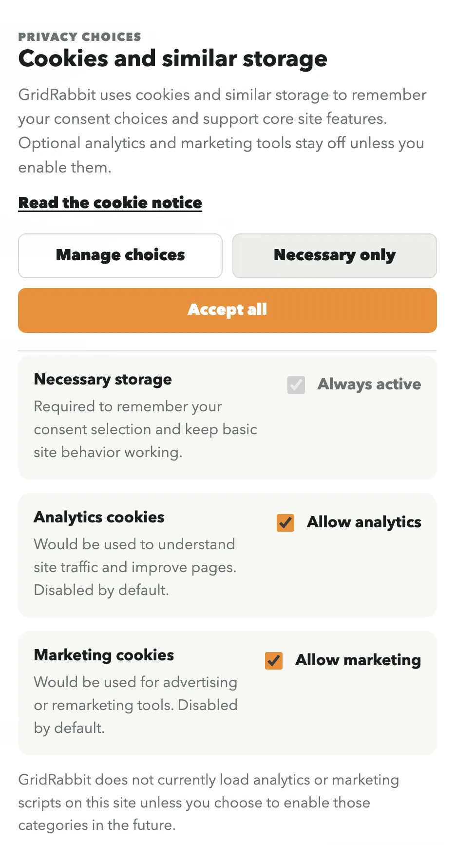 GridRabbit cookie settings interface shown on the privacy and cookie notice page
