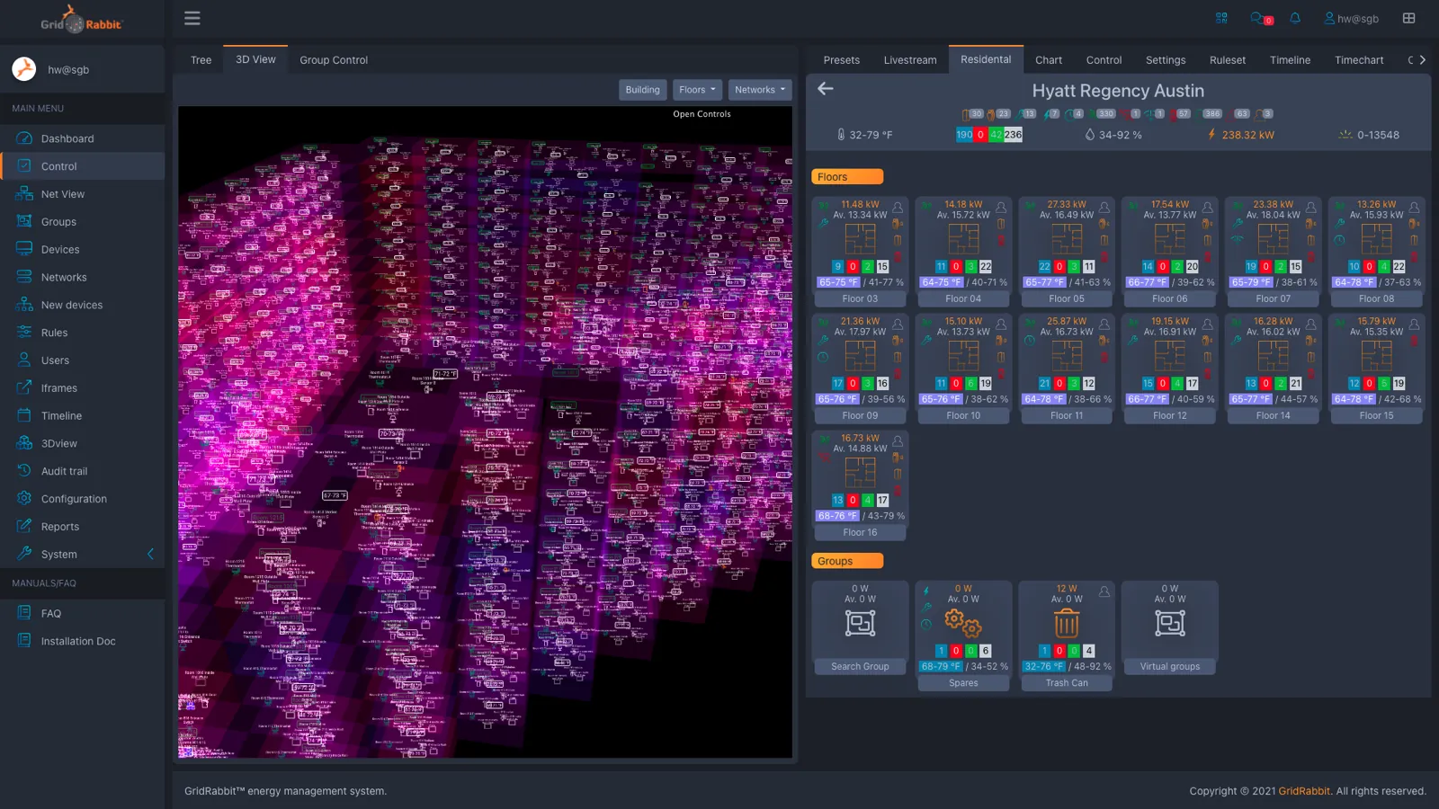 GridRabbit floor overview with room tiles and live status