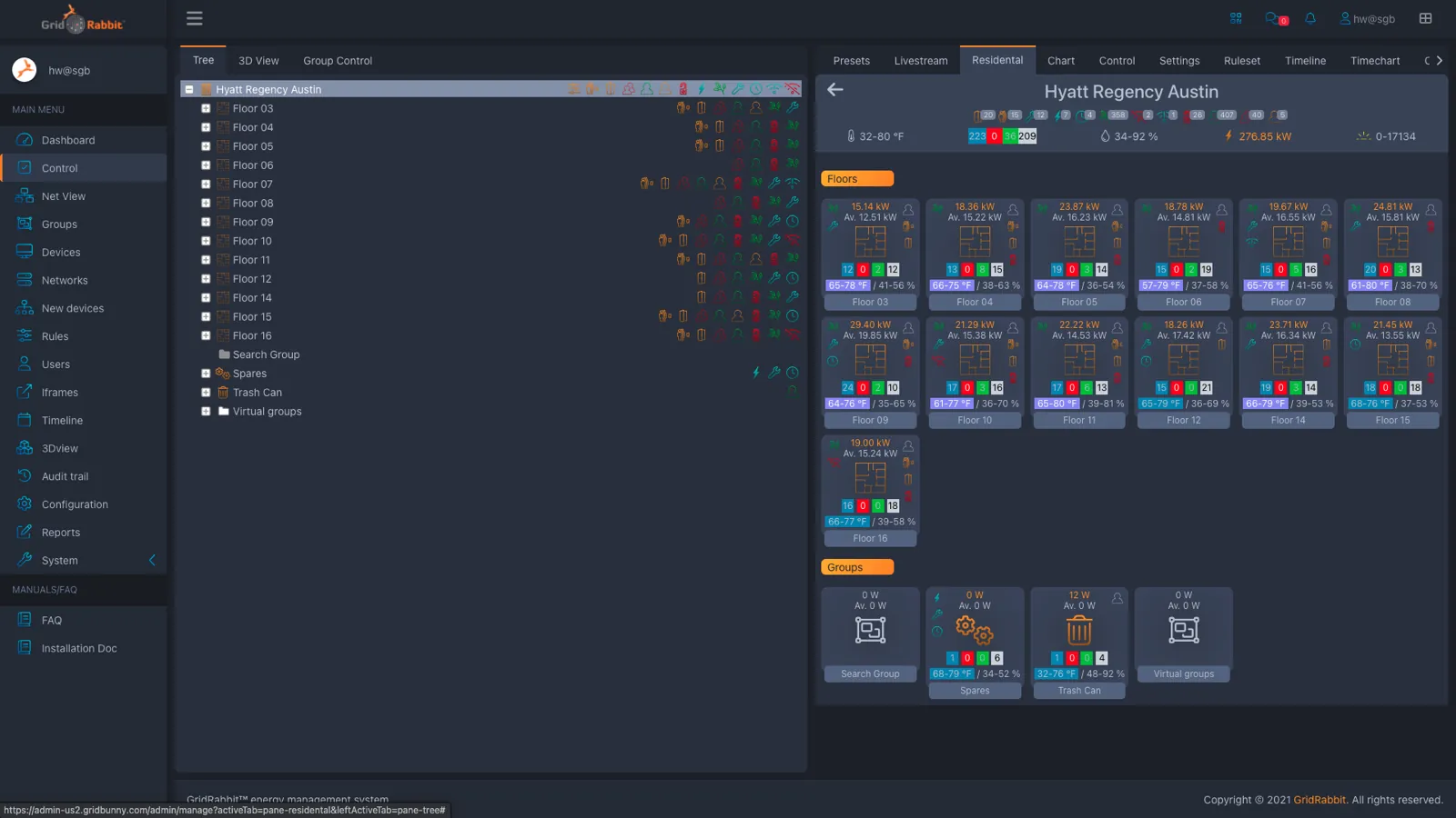 GridRabbit full building view with floors, rooms, and status tiles
